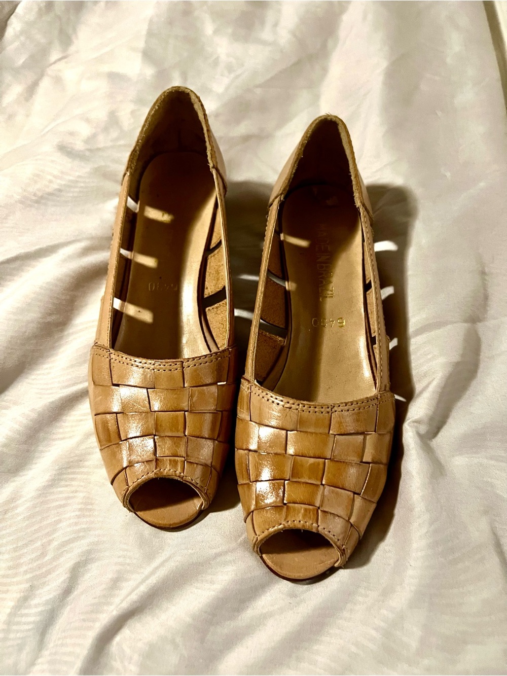 Woven Peep-Toe Women's Flats in Tan